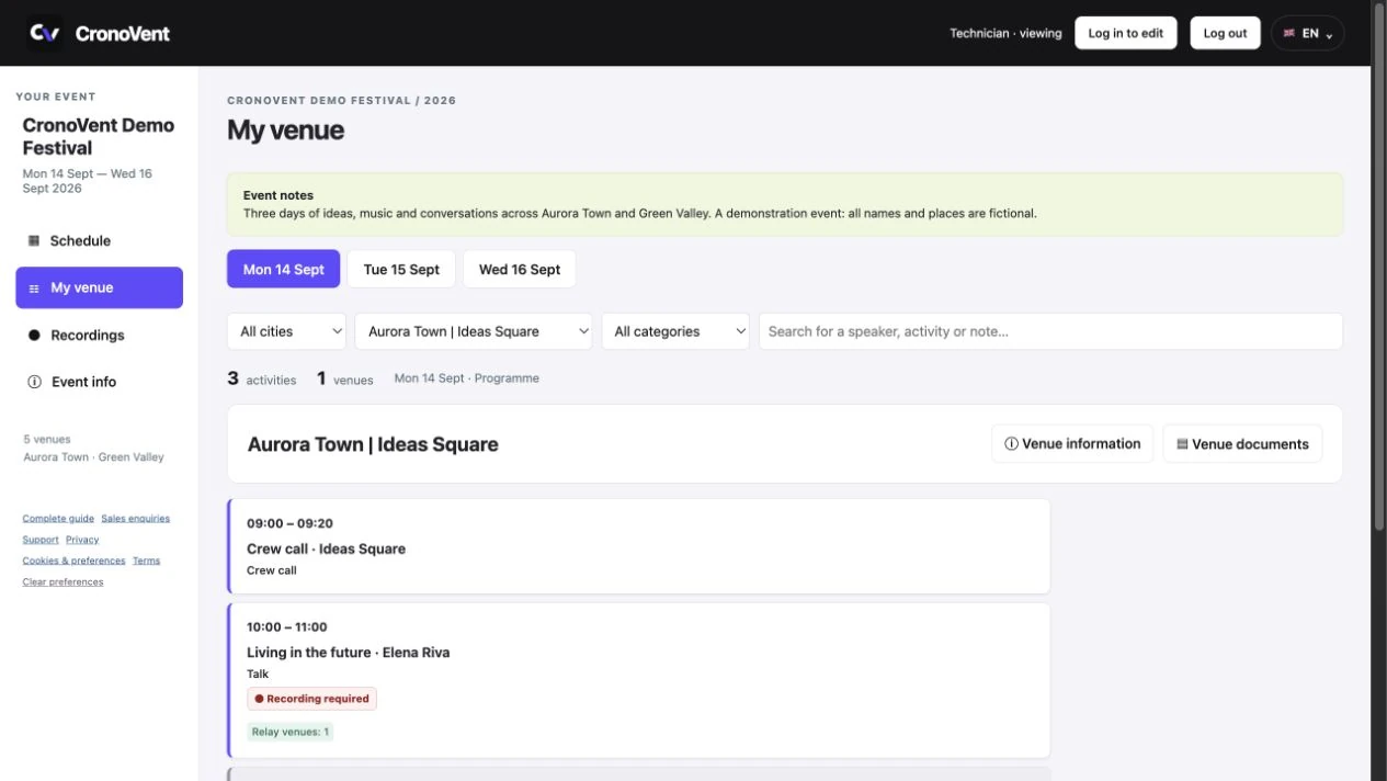 Demo My venue view showing the session programme for a single venue