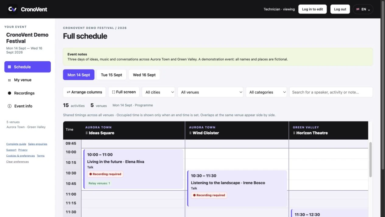 CronoVent demo schedule with sessions arranged by time and venue