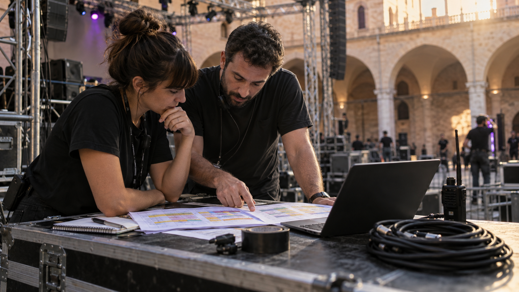 Immagine illustrativa: tecnici pianificano un festival su una postazione backstage