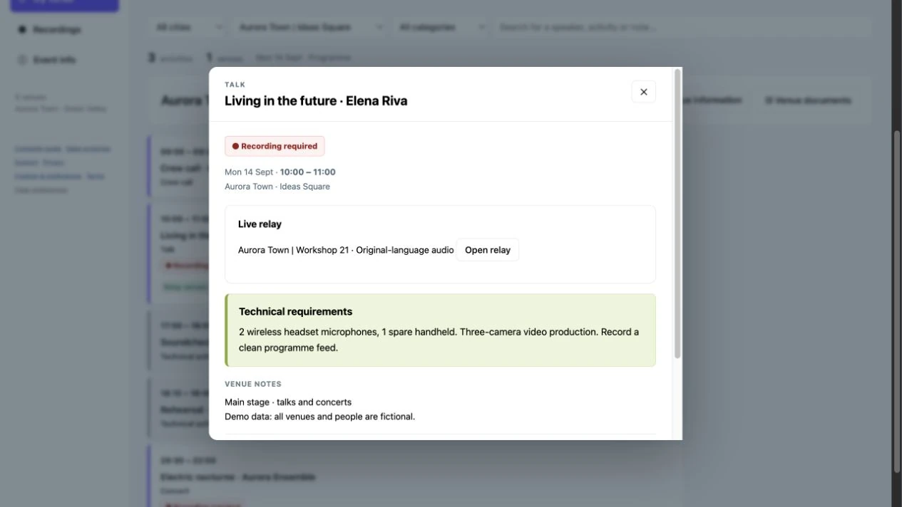 Demo session details with timings, technical requirements and production information