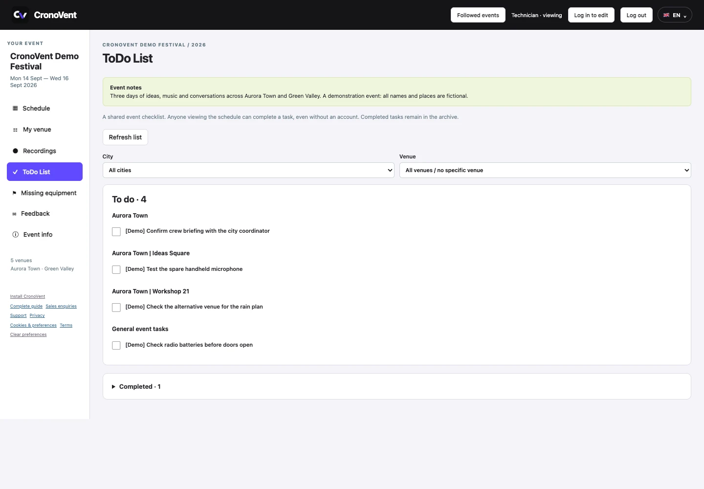Task list in the CronoVent demo